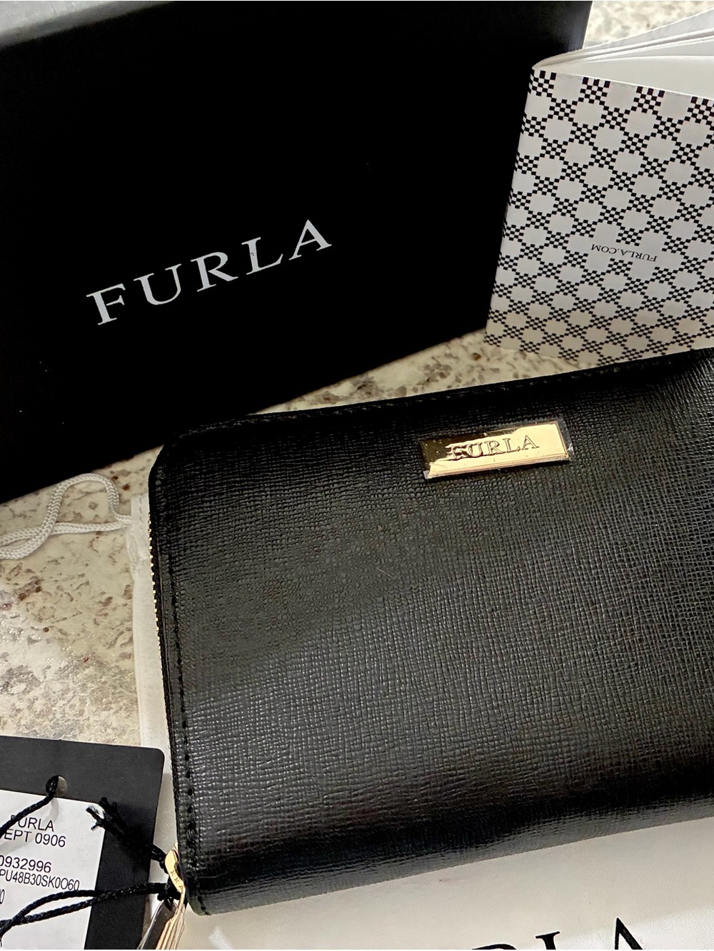 NEW W/TAGS. STUNNING FURLA Black Zip-Around Saffiano Wallet w/Dusty, Orig Box